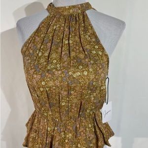 Japna Womens Medium Brownish Halter Neck Top Floral Print Open Back Peplum